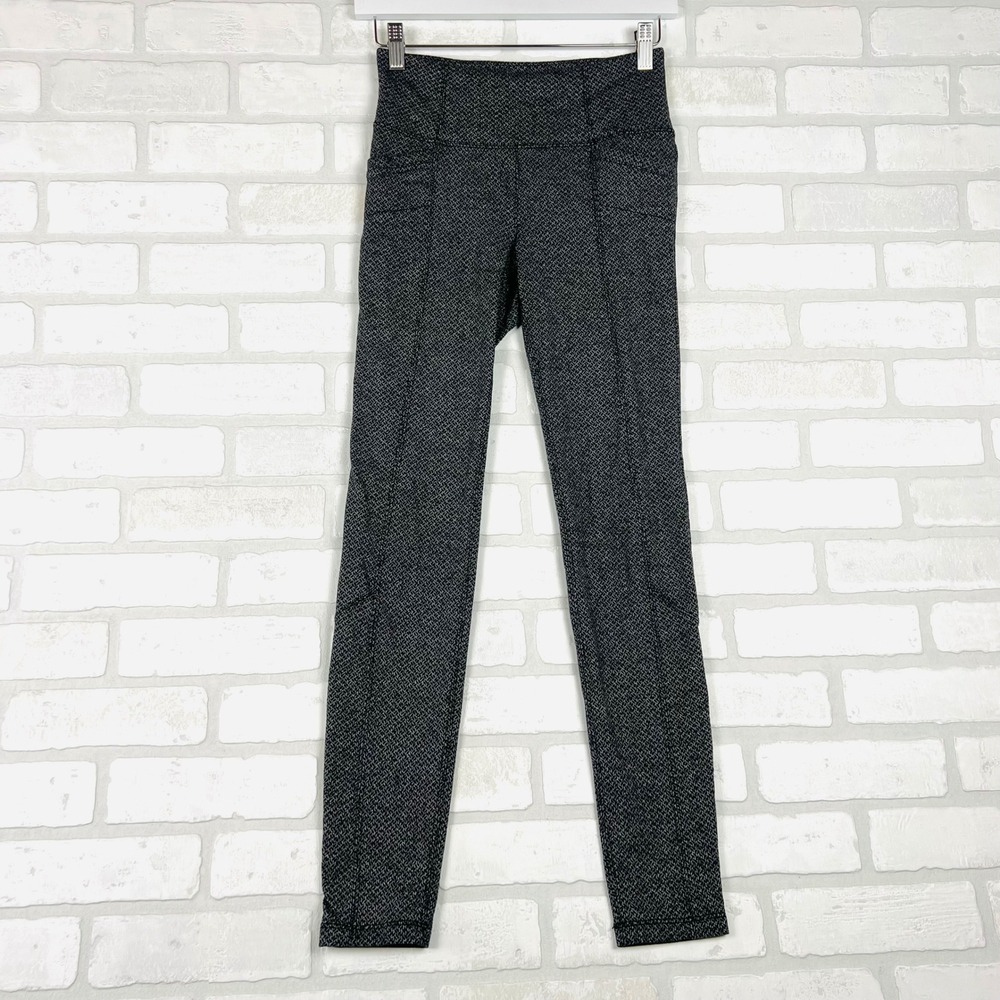Athleta‎ Womens XS Black White Herringbone High Rise Leggings Side Pockets